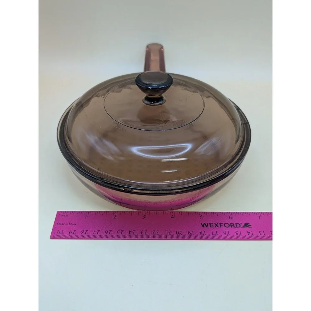 Vtg Corning Ware Visions Amber 7 Inch Frying Pan Waffle Bottom & Pyrex Lid V1.5C